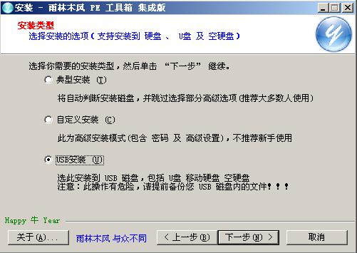 雨林木風(fēng)PE工具箱啟動界面選擇USB安裝
